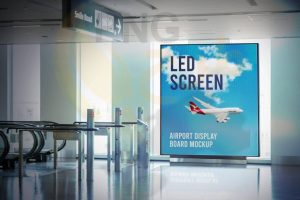 دانلود طرح موکاپ تابلوی تبلیغاتی داخلی صفحه نمایش LED فرودگاه